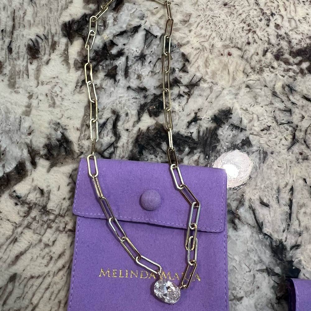 Melinda Maria Gold Paperclip Necklace with Clear Faceted Pendant